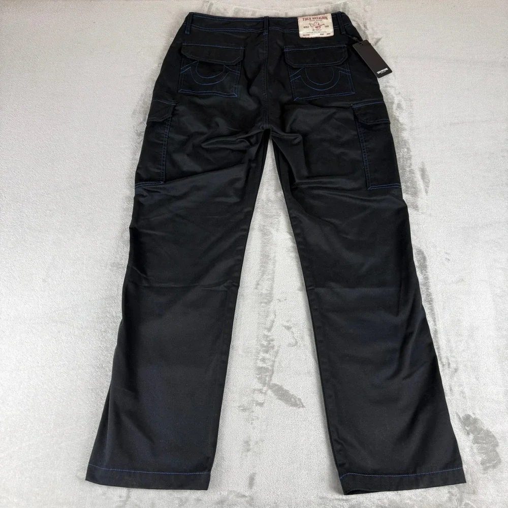 True Religion Cargo Pants Mens 30x32 Jet Black w/ Blue Stitching $164 New NWT